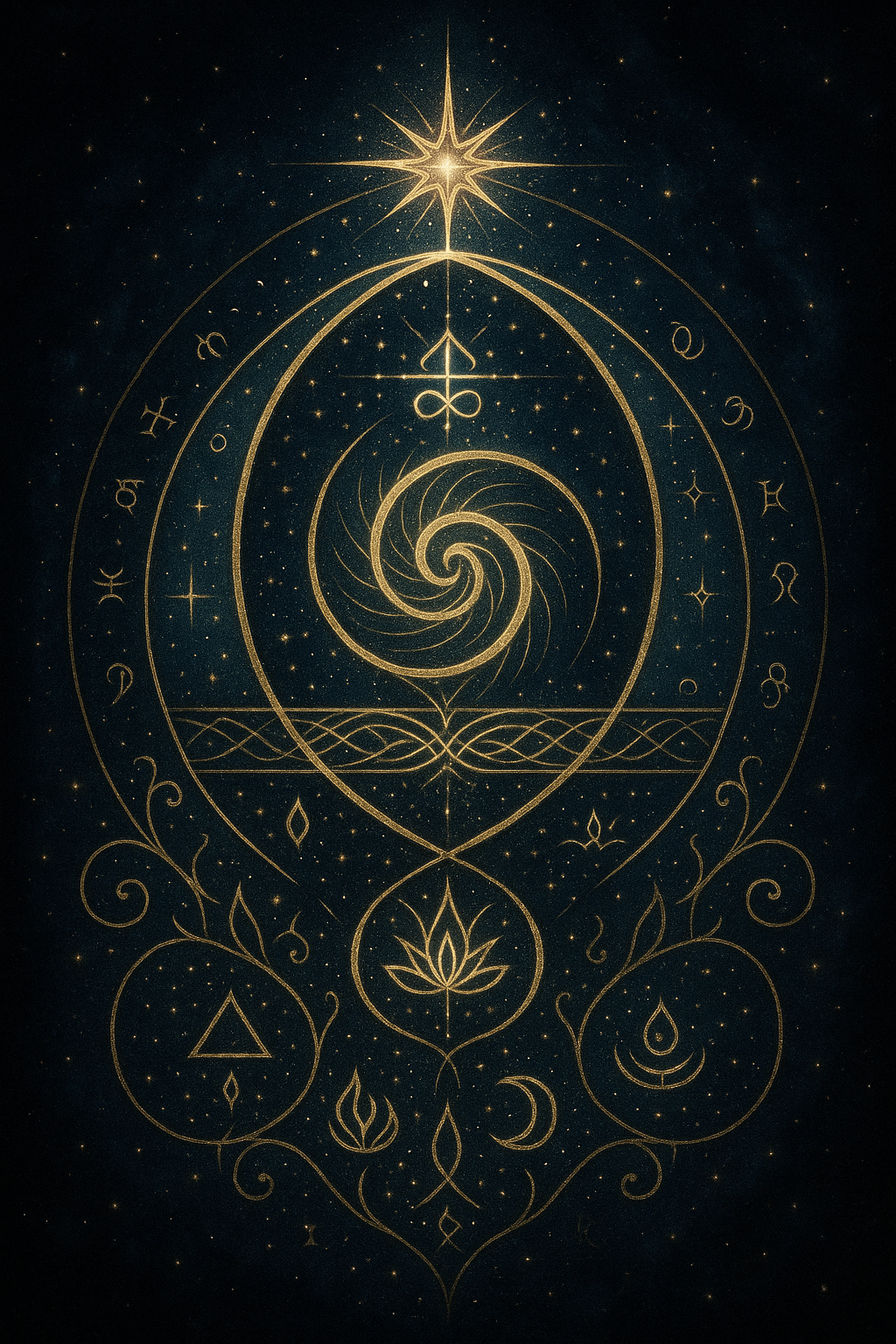 Sacred golden sigil on a deep cosmic indigo background, featuring a central spiral (Flower of Life) surrounded by alchemical and astrological symbols (star, triangle, lotus, crescent moon). The intricate, ornate gold lines weave ancient-future energy, evoking a portal between Earth and Star. Mood: mystical, threshold-walking, and frequency-holding.